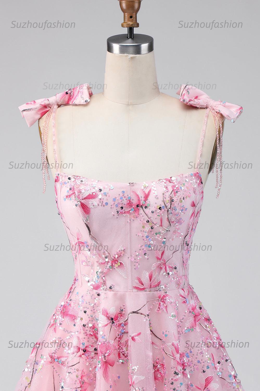 Suzhoufashion Pink Floral Beaded A-Line Short Homecoming Dress with Bows