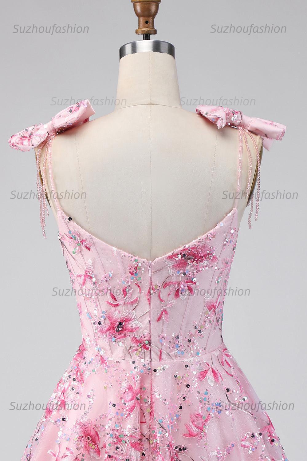 Suzhoufashion Pink Floral Beaded A-Line Short Homecoming Dress with Bows