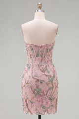 Suzhoufashion Pink Floral Beaded Corset Tight Short Homecoming Dress