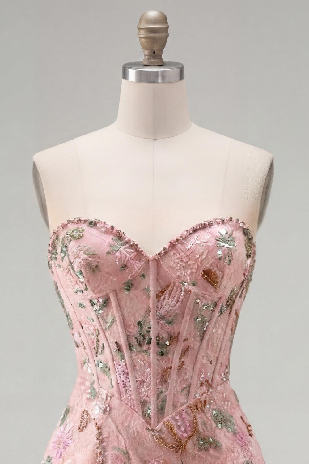 Suzhoufashion Pink Floral Beaded Corset Tight Short Homecoming Dress