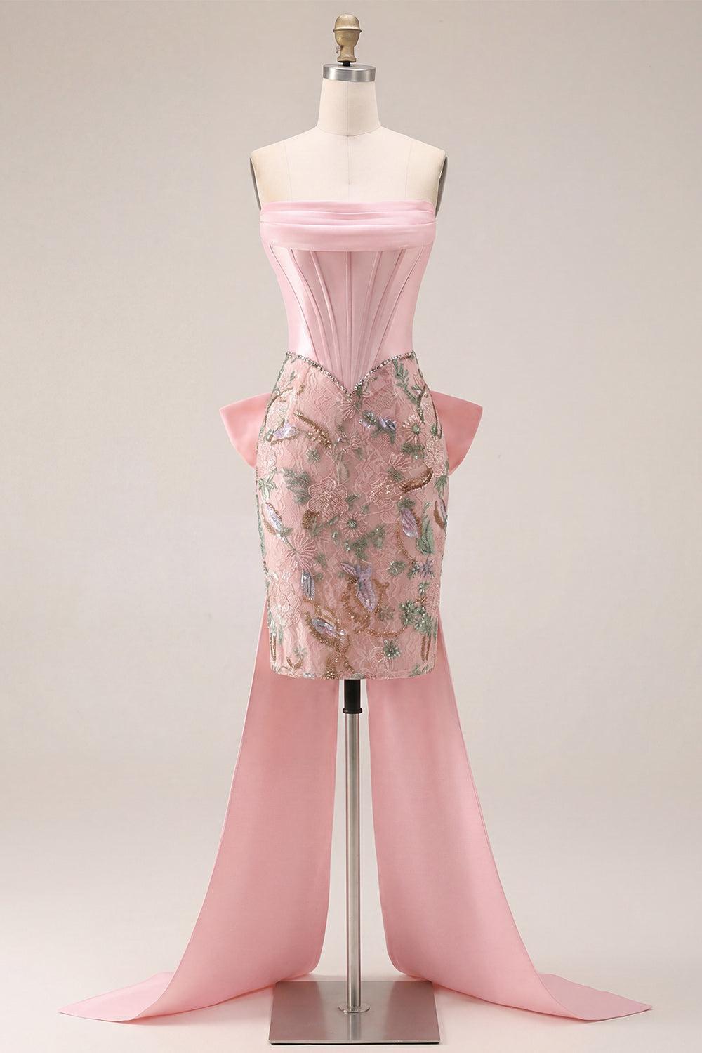Suzhoufashion Pink Floral Beaded Corset Tight Short Homecoming Dress with Bow