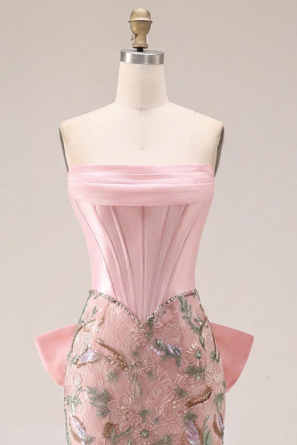 Suzhoufashion Pink Floral Beaded Corset Tight Short Homecoming Dress with Bow