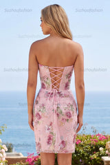 Suzhoufashion Pink Floral Beaded Ruched Corset Tight Short Homecoming Dress with Slit