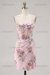 Suzhoufashion Pink Floral Beaded Ruched Corset Tight Short Homecoming Dress with Slit