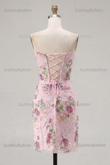 Suzhoufashion Pink Floral Beaded Ruched Corset Tight Short Homecoming Dress with Slit