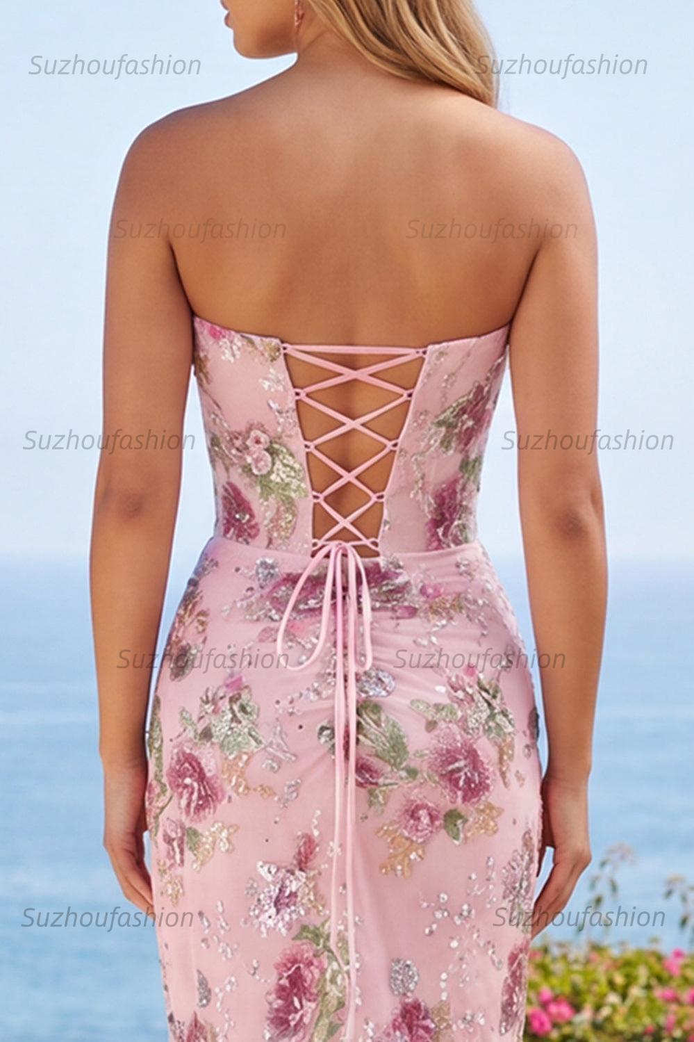 Suzhoufashion Pink Floral Beaded Ruched Corset Tight Short Homecoming Dress with Slit