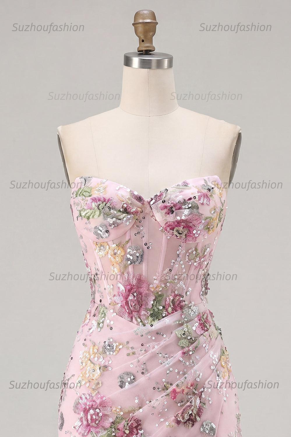 Suzhoufashion Pink Floral Beaded Ruched Corset Tight Short Homecoming Dress with Slit