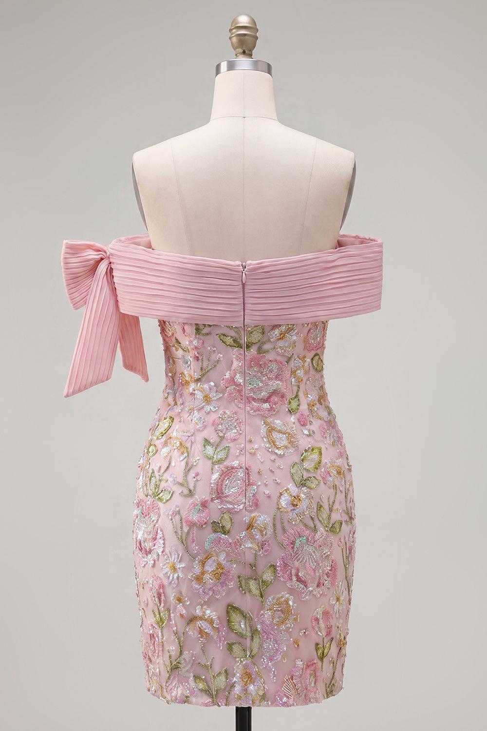 Suzhoufashion Pink Floral Beaded Tight Short Homecoming Dress with Bow