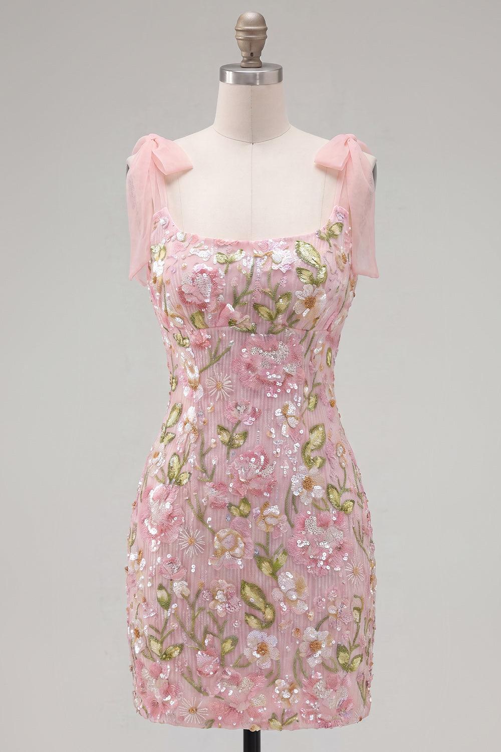 Suzhoufashion Pink Floral Beaded Tight Short Homecoming Dress with Bows