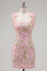 Suzhoufashion Pink Floral Beaded Tight Short Homecoming Dress with Bows