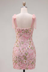 Suzhoufashion Pink Floral Beaded Tight Short Homecoming Dress with Bows