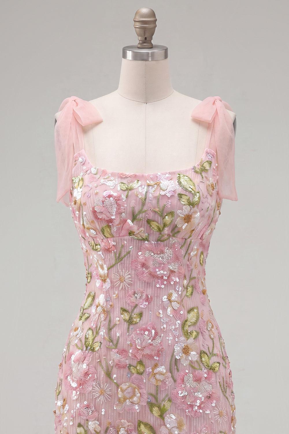 Suzhoufashion Pink Floral Beaded Tight Short Homecoming Dress with Bows