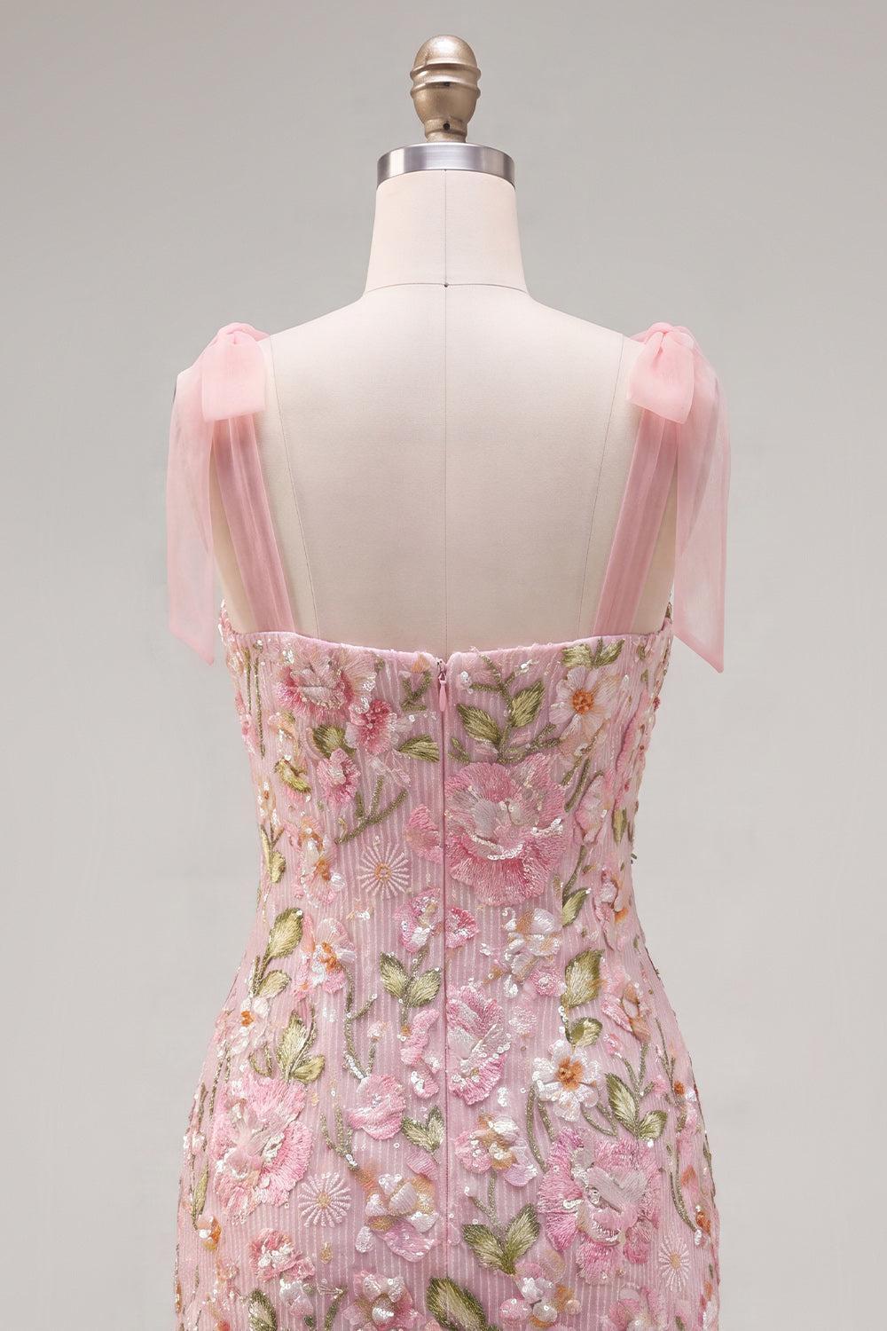 Suzhoufashion Pink Floral Beaded Tight Short Homecoming Dress with Bows