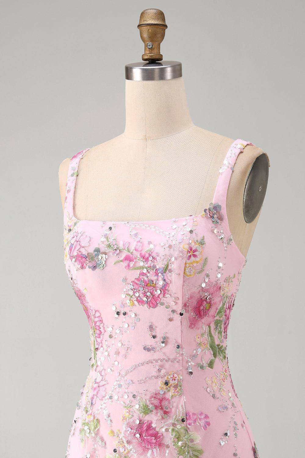 Suzhoufashion Pink Floral Beaded Tight Short Homecoming Dress with Ruffles