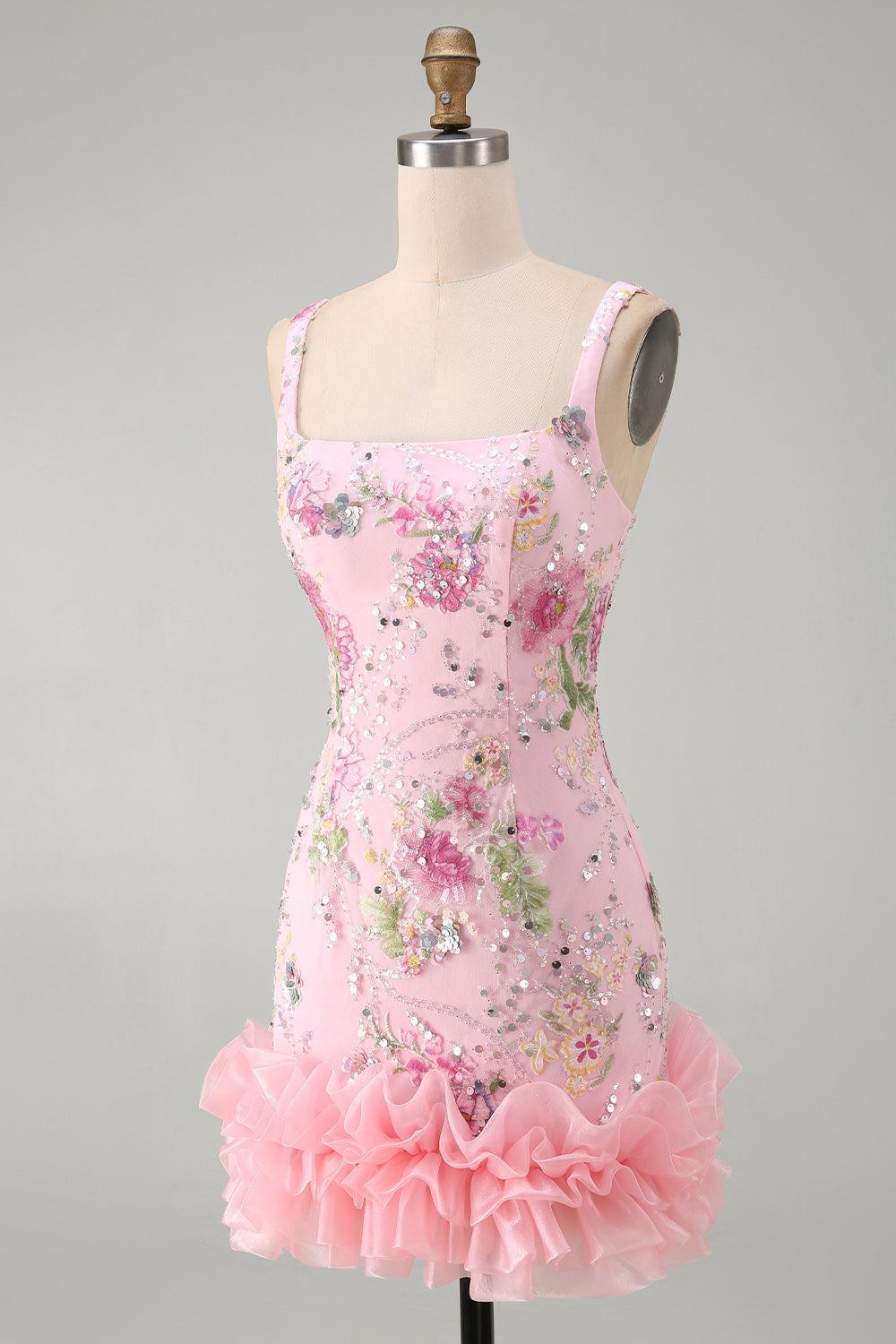 Suzhoufashion Pink Floral Beaded Tight Short Homecoming Dress with Ruffles