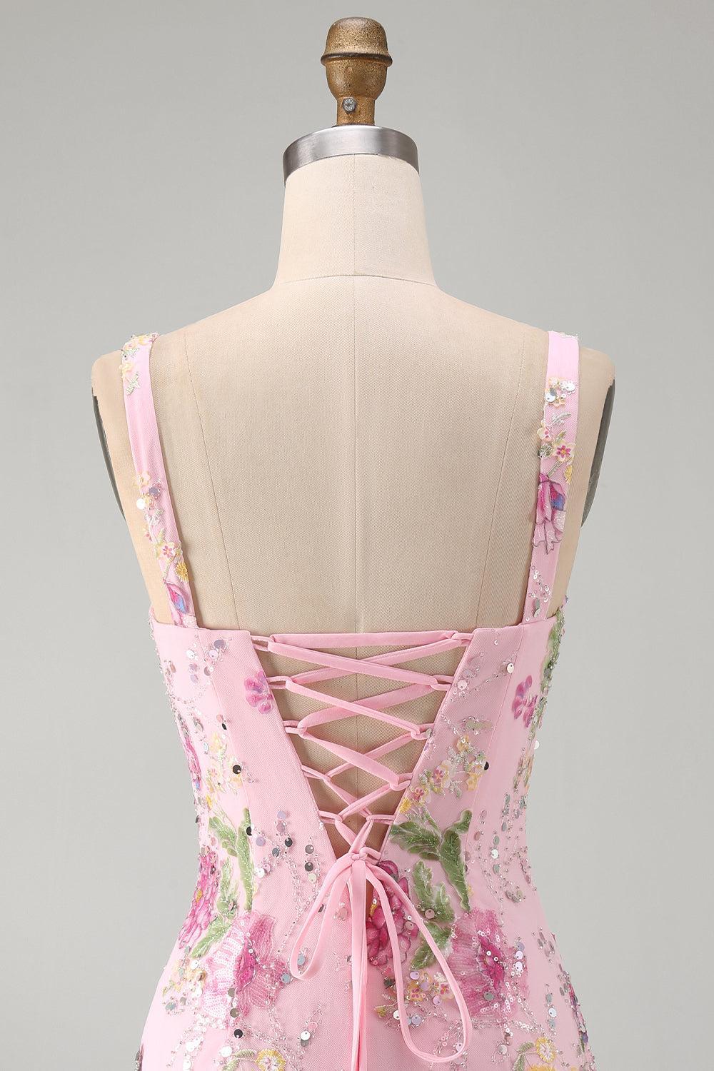 Suzhoufashion Pink Floral Beaded Tight Short Homecoming Dress with Ruffles