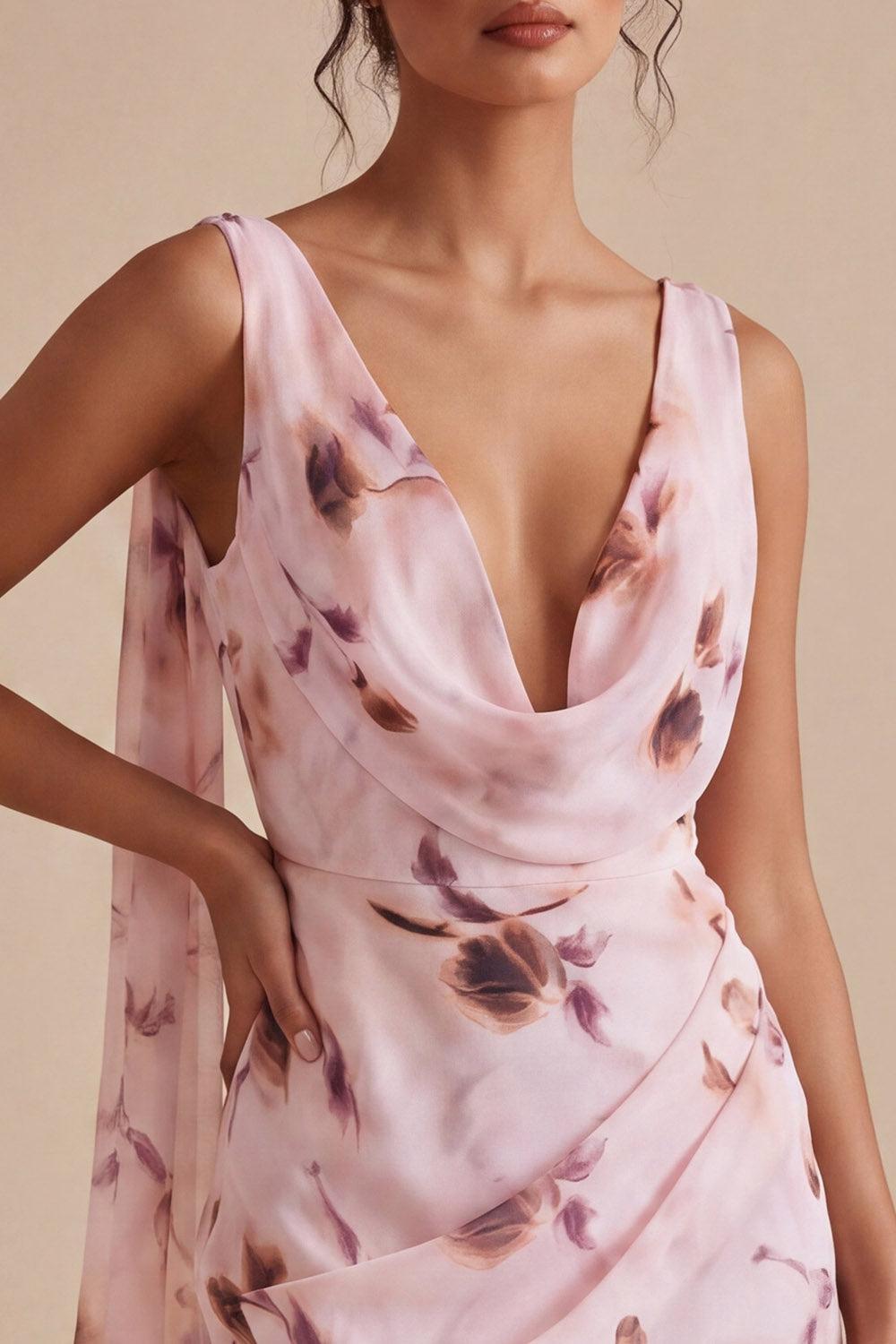 Suzhoufashion Pink Floral Cowl Neck Ruched Tight Short Homecoming Dress with Sash