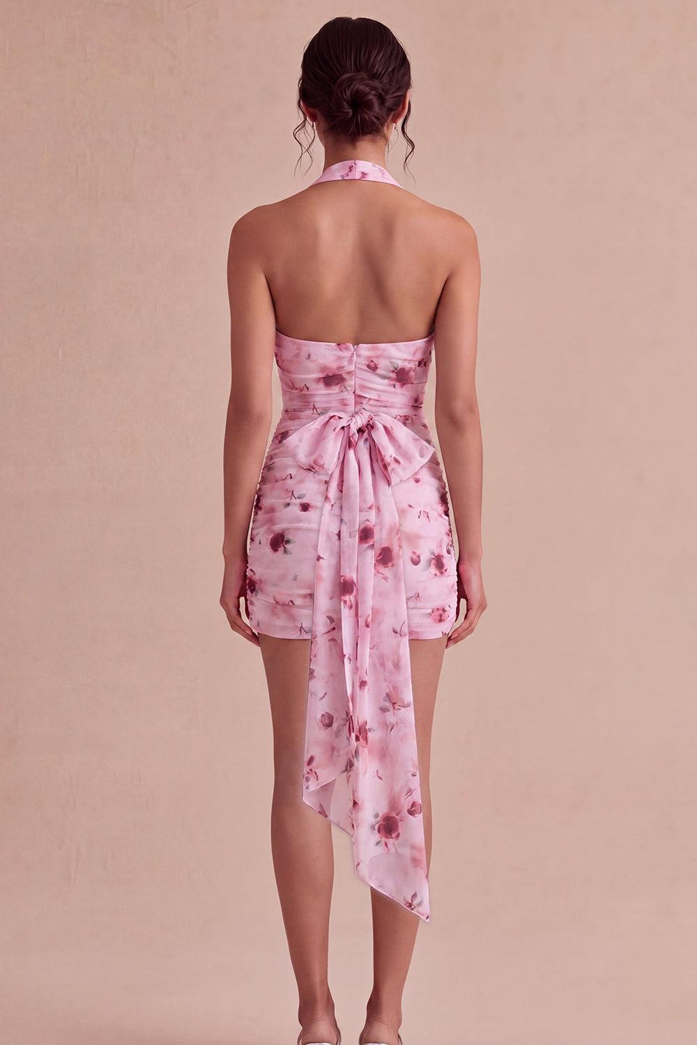 Suzhoufashion Pink Floral Halter Ruched Tight Short Homecoming Dress with Bow