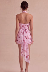 Suzhoufashion Pink Floral Halter Ruched Tight Short Homecoming Dress with Bow