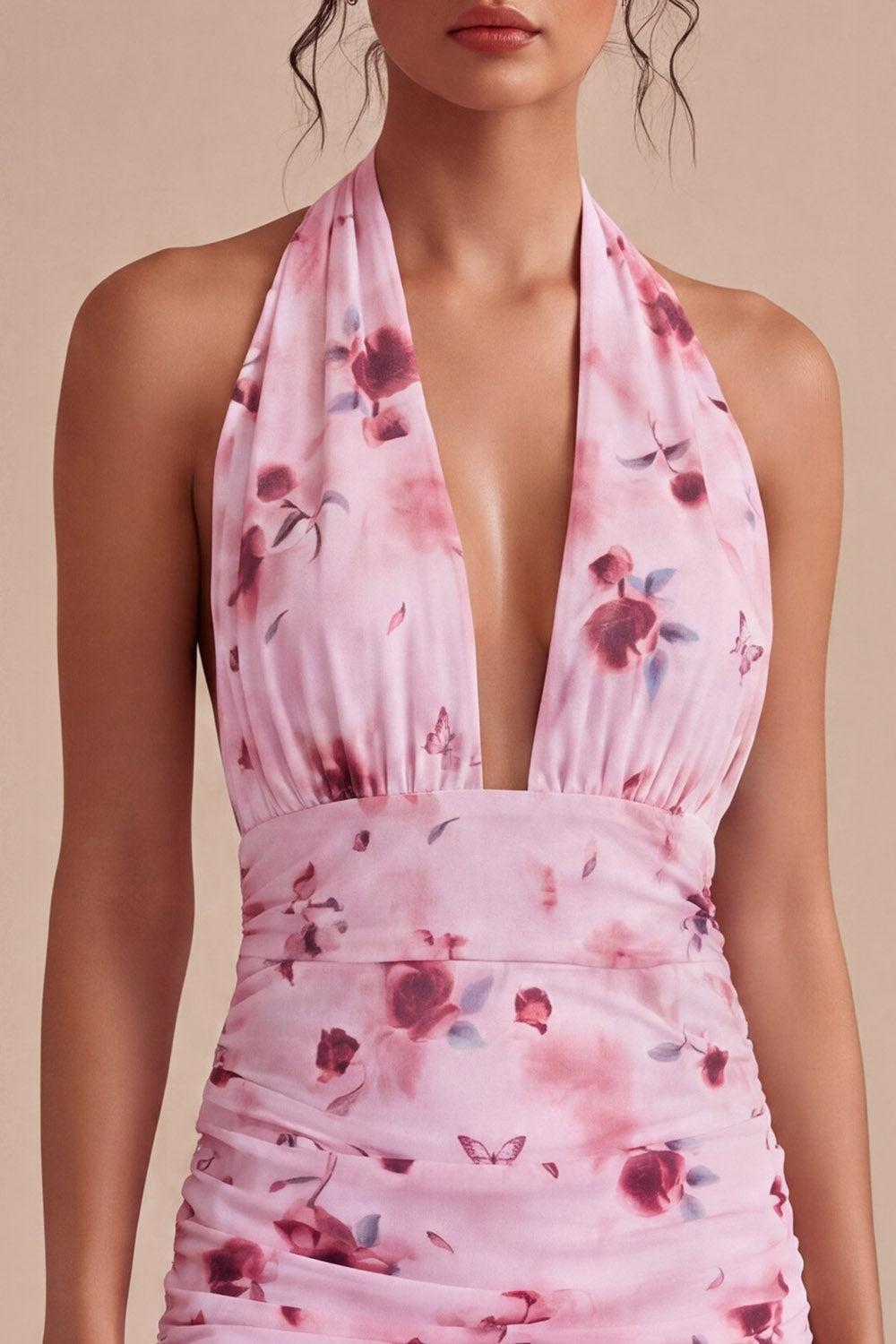 Suzhoufashion Pink Floral Halter Ruched Tight Short Homecoming Dress with Bow