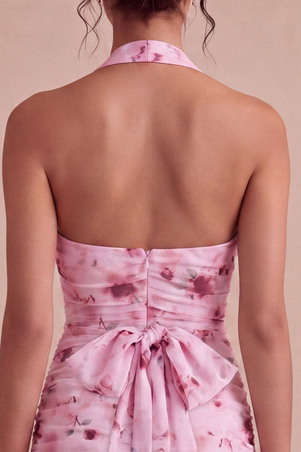 Suzhoufashion Pink Floral Halter Ruched Tight Short Homecoming Dress with Bow
