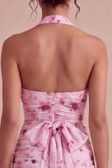 Suzhoufashion Pink Floral Halter Ruched Tight Short Homecoming Dress with Bow