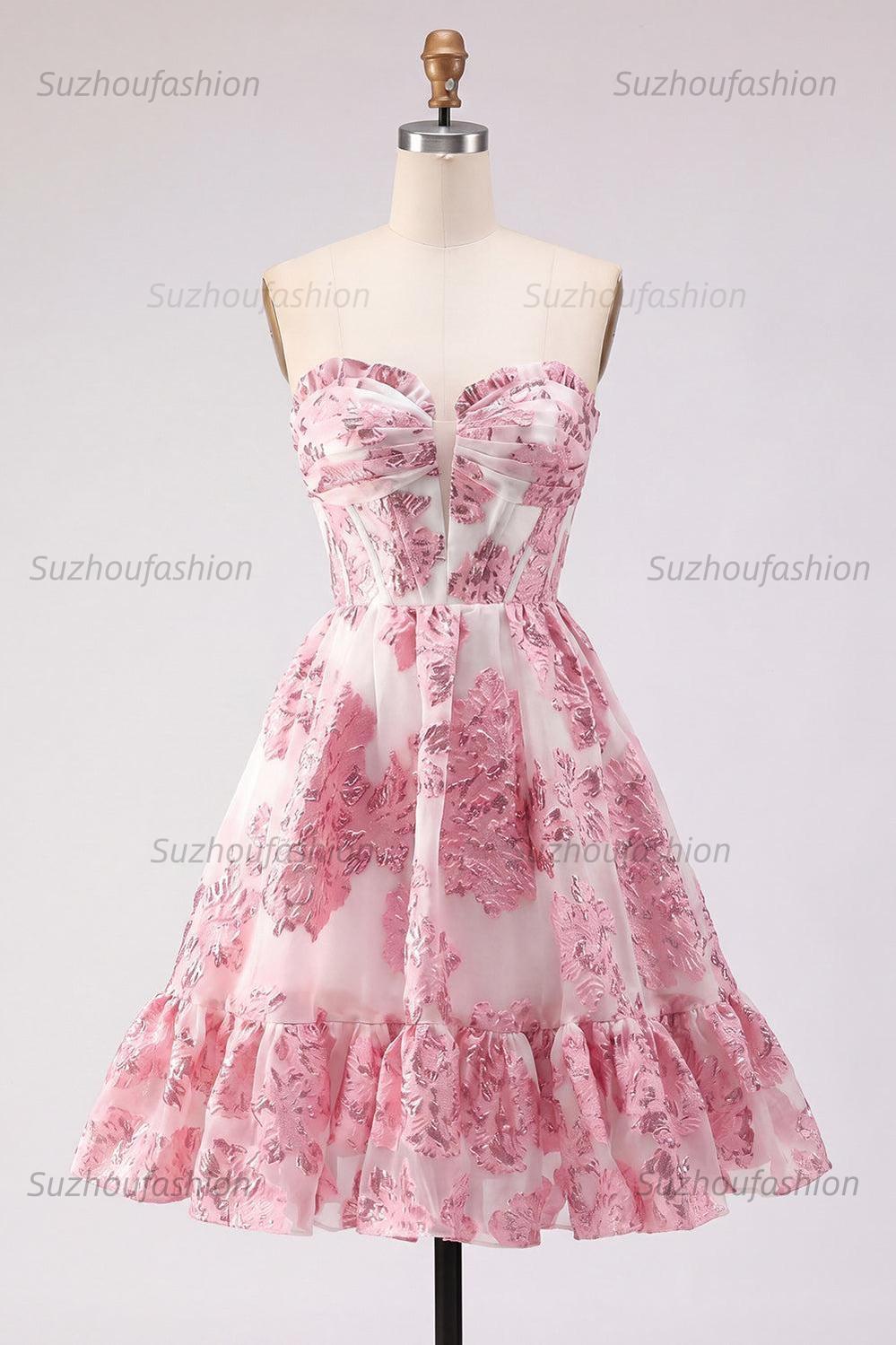 Suzhoufashion Pink Floral Jacquard Strapless Corset Short Homecoming Dress with Ruffles