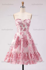 Suzhoufashion Pink Floral Jacquard Strapless Corset Short Homecoming Dress with Ruffles