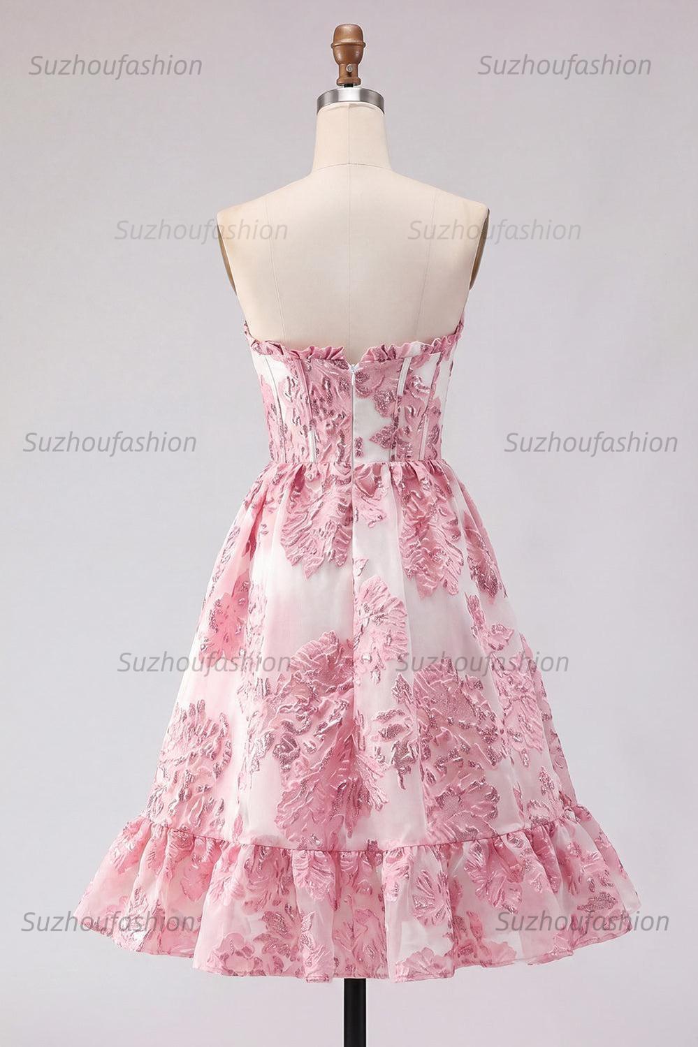 Suzhoufashion Pink Floral Jacquard Strapless Corset Short Homecoming Dress with Ruffles