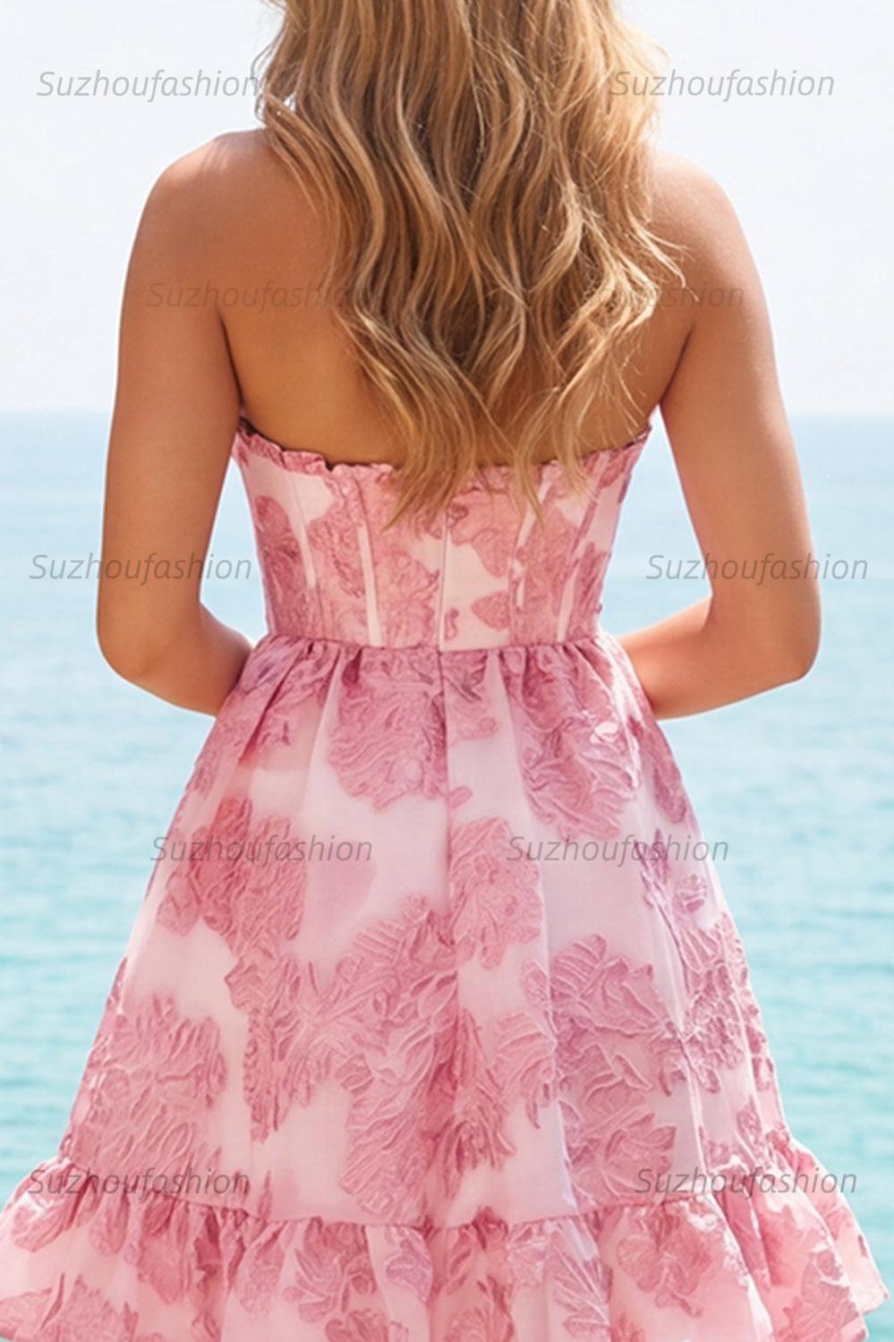 Suzhoufashion Pink Floral Jacquard Strapless Corset Short Homecoming Dress with Ruffles