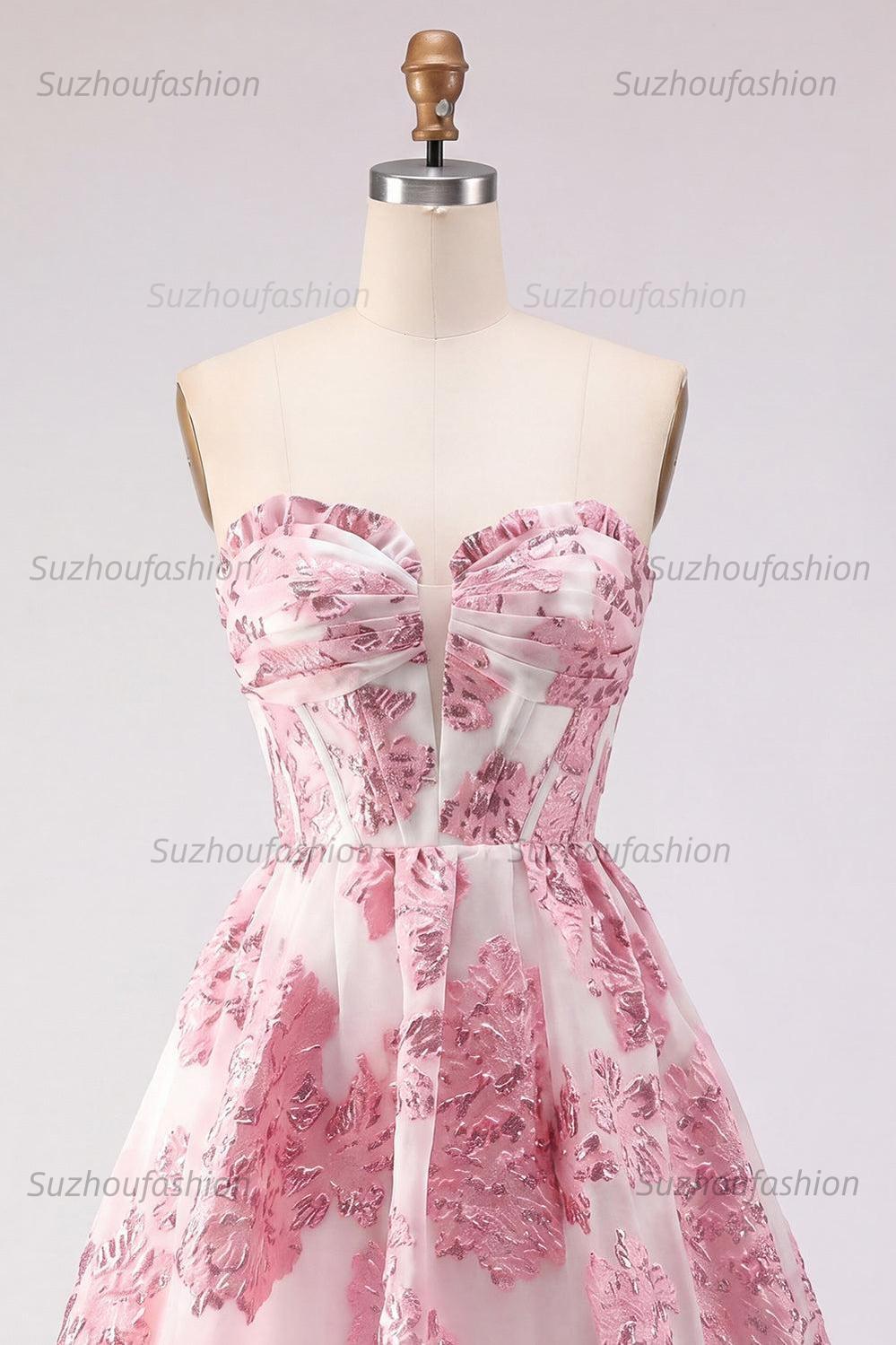 Suzhoufashion Pink Floral Jacquard Strapless Corset Short Homecoming Dress with Ruffles