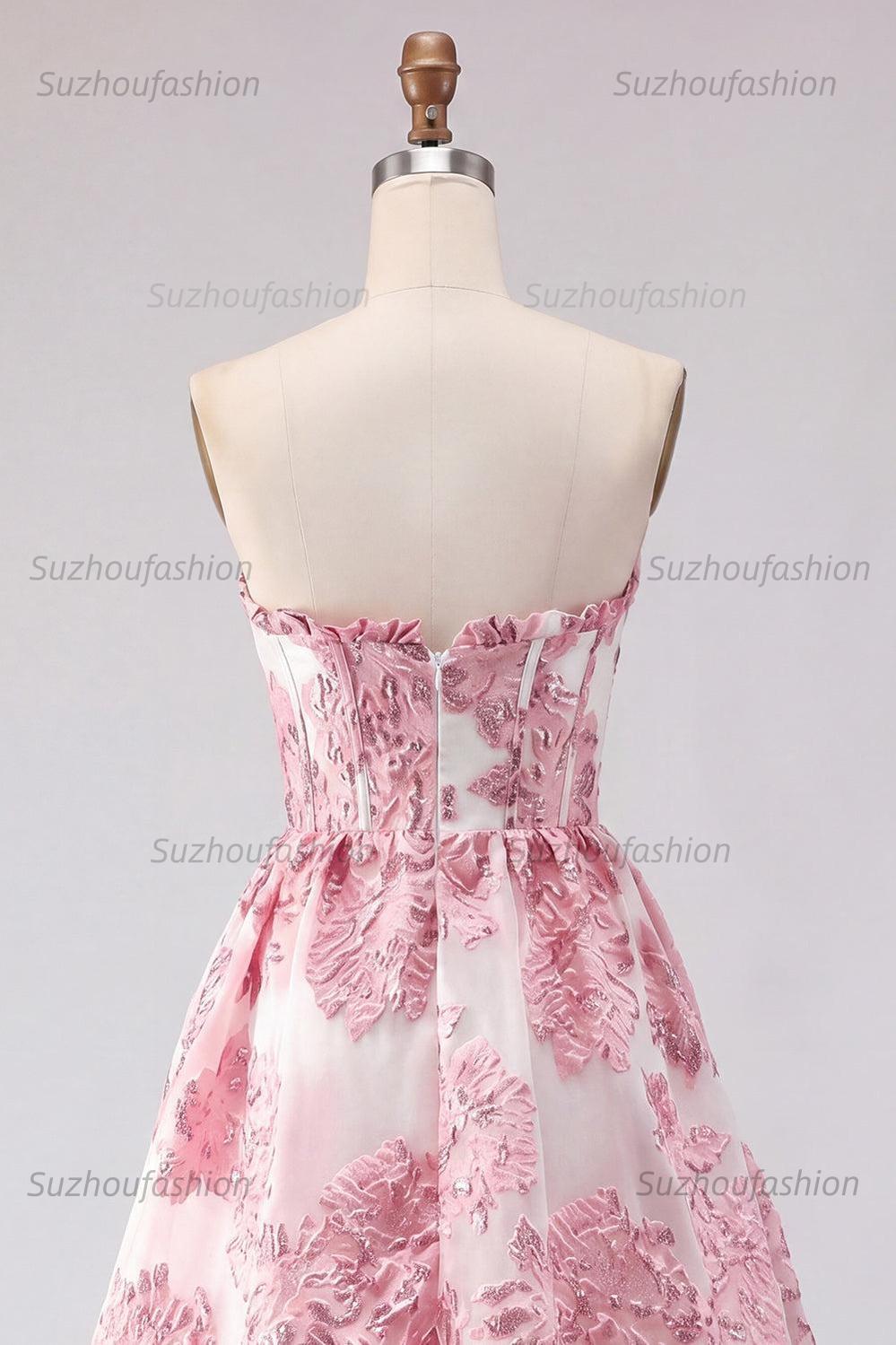 Suzhoufashion Pink Floral Jacquard Strapless Corset Short Homecoming Dress with Ruffles