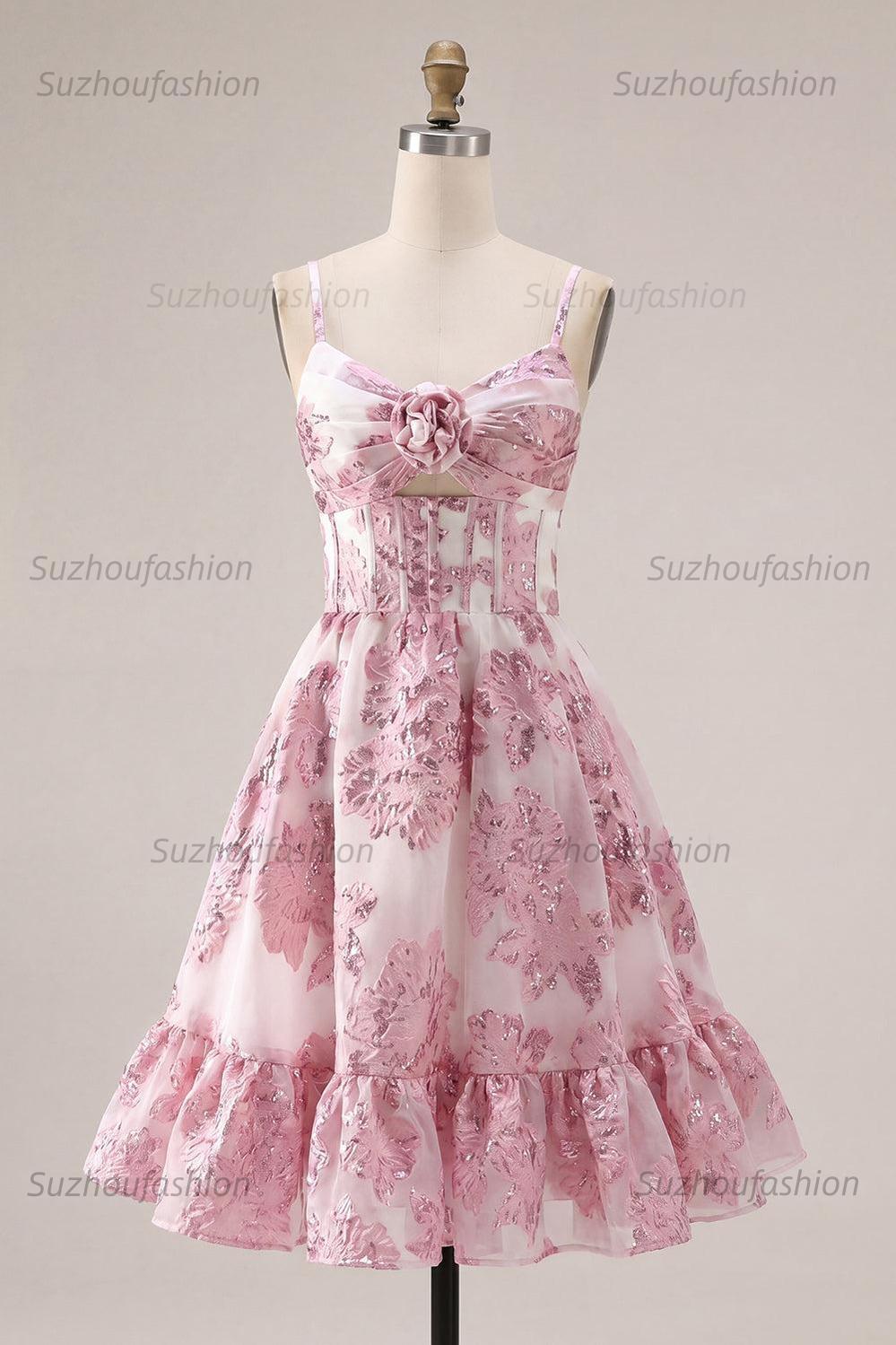 Suzhoufashion Pink Floral Keyhole Corset Short Homecoming Dress with 3D Flower