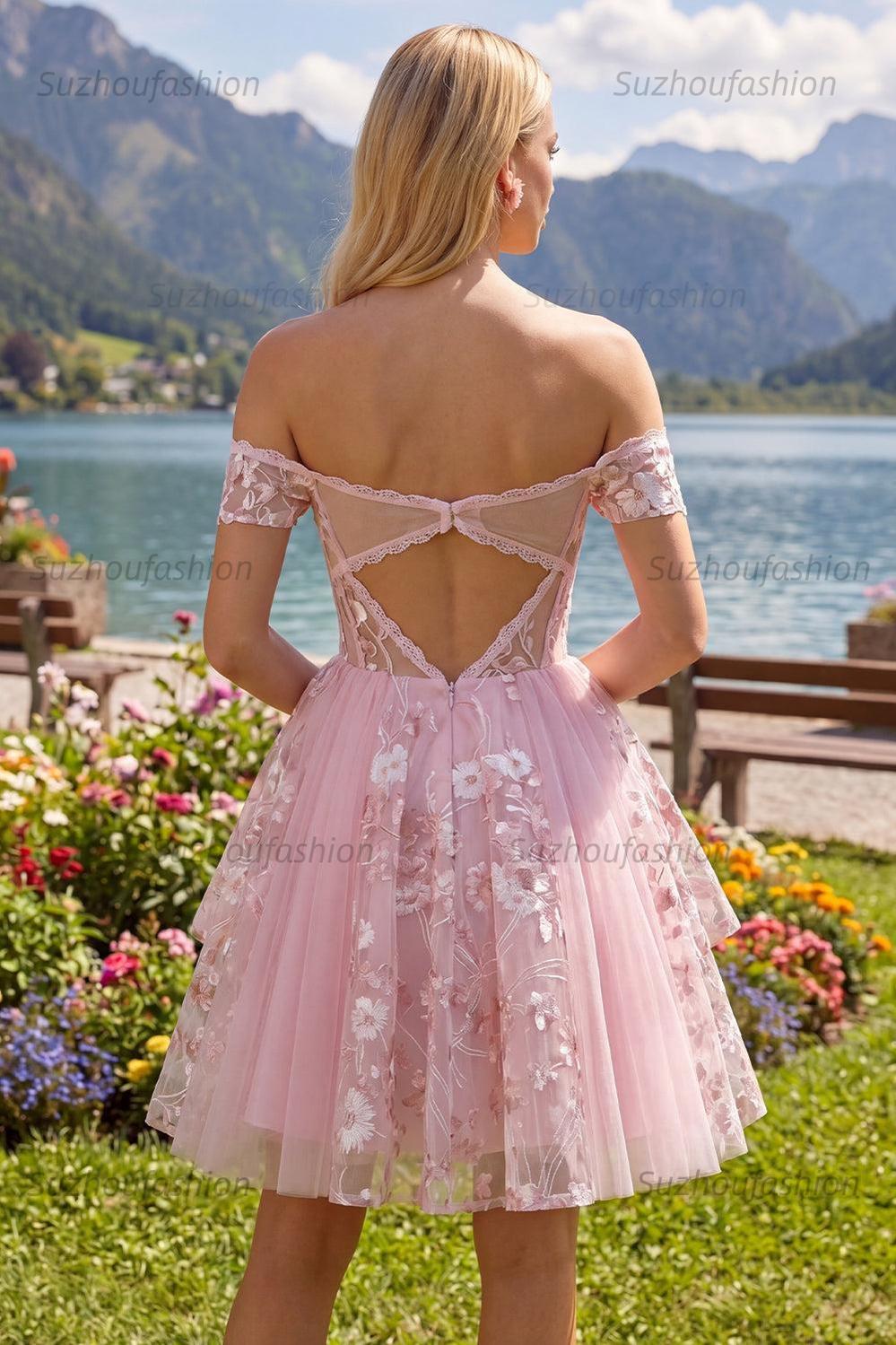 Suzhoufashion Pink Floral Off-the-Shoulder A-Line Corset Short Homecoming Dress