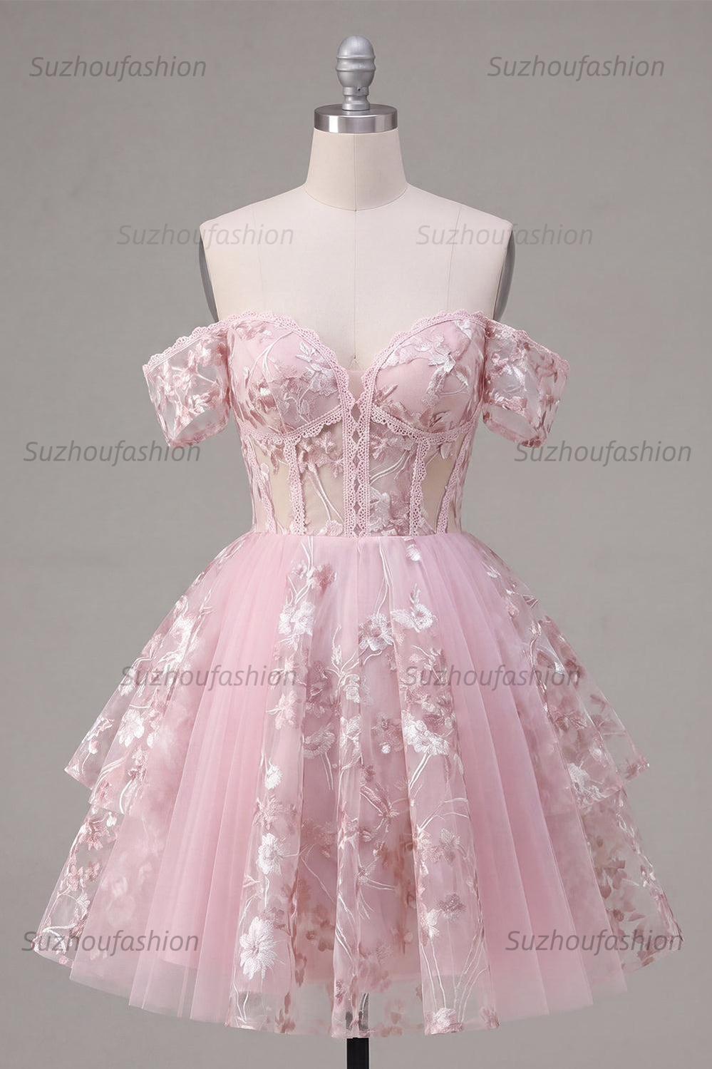 Suzhoufashion Pink Floral Off-the-Shoulder A-Line Corset Short Homecoming Dress