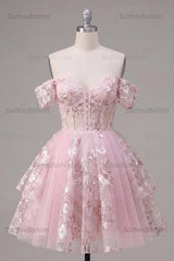 Suzhoufashion Pink Floral Off-the-Shoulder A-Line Corset Short Homecoming Dress
