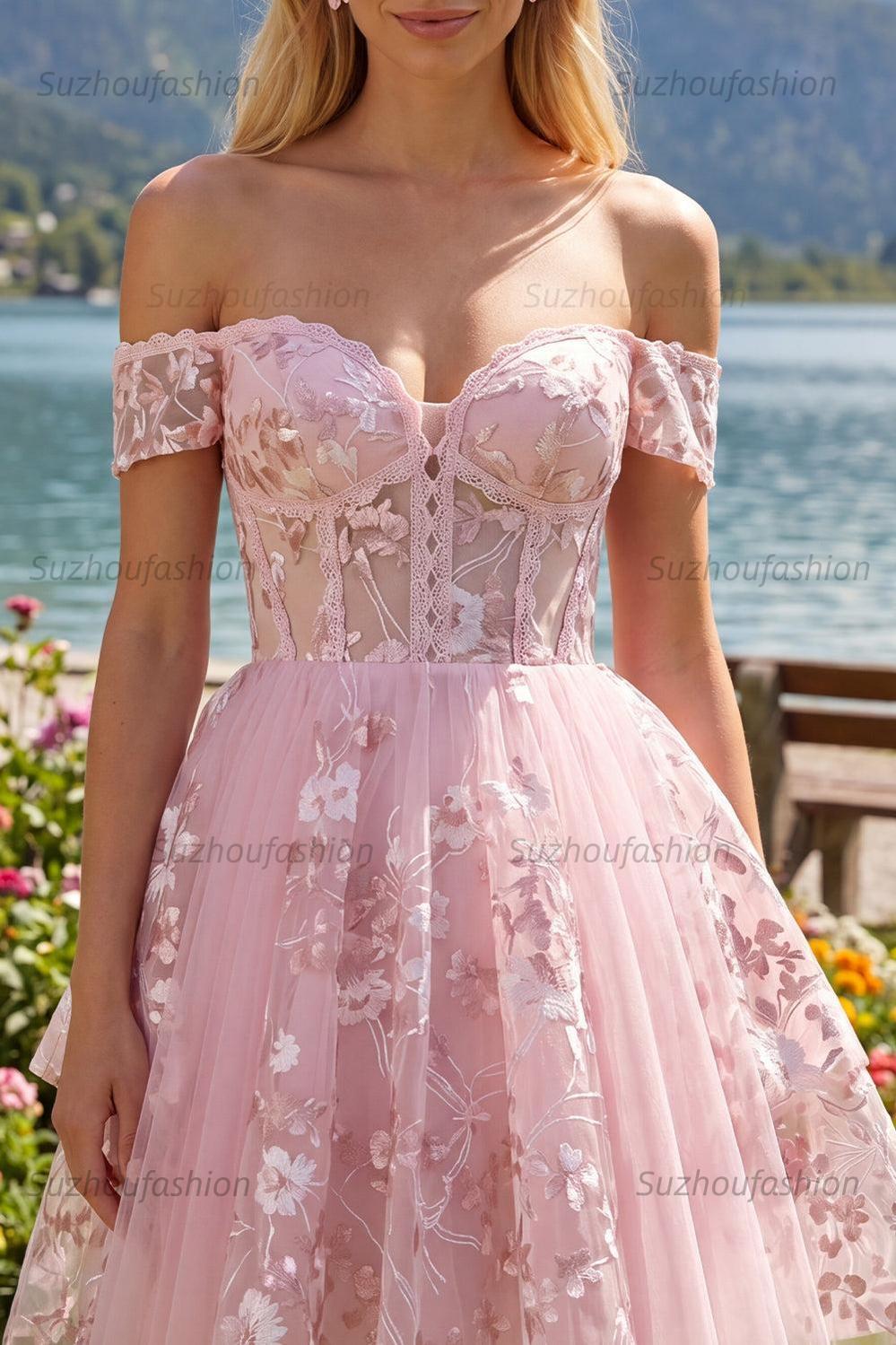 Suzhoufashion Pink Floral Off-the-Shoulder A-Line Corset Short Homecoming Dress