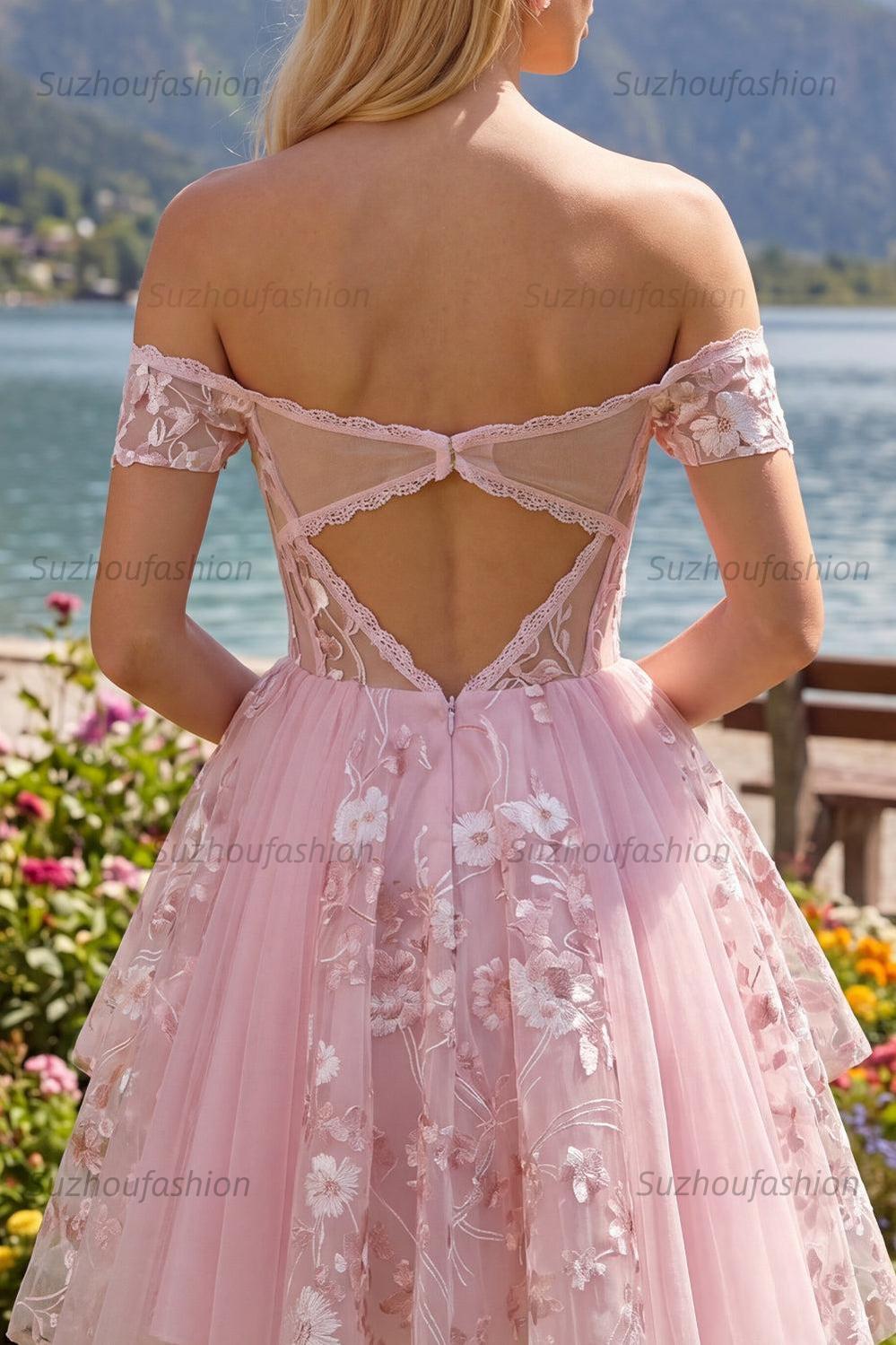 Suzhoufashion Pink Floral Off-the-Shoulder A-Line Corset Short Homecoming Dress
