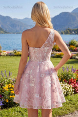 Suzhoufashion Pink Floral One-Shoulder A-Line Short Homecoming Dress