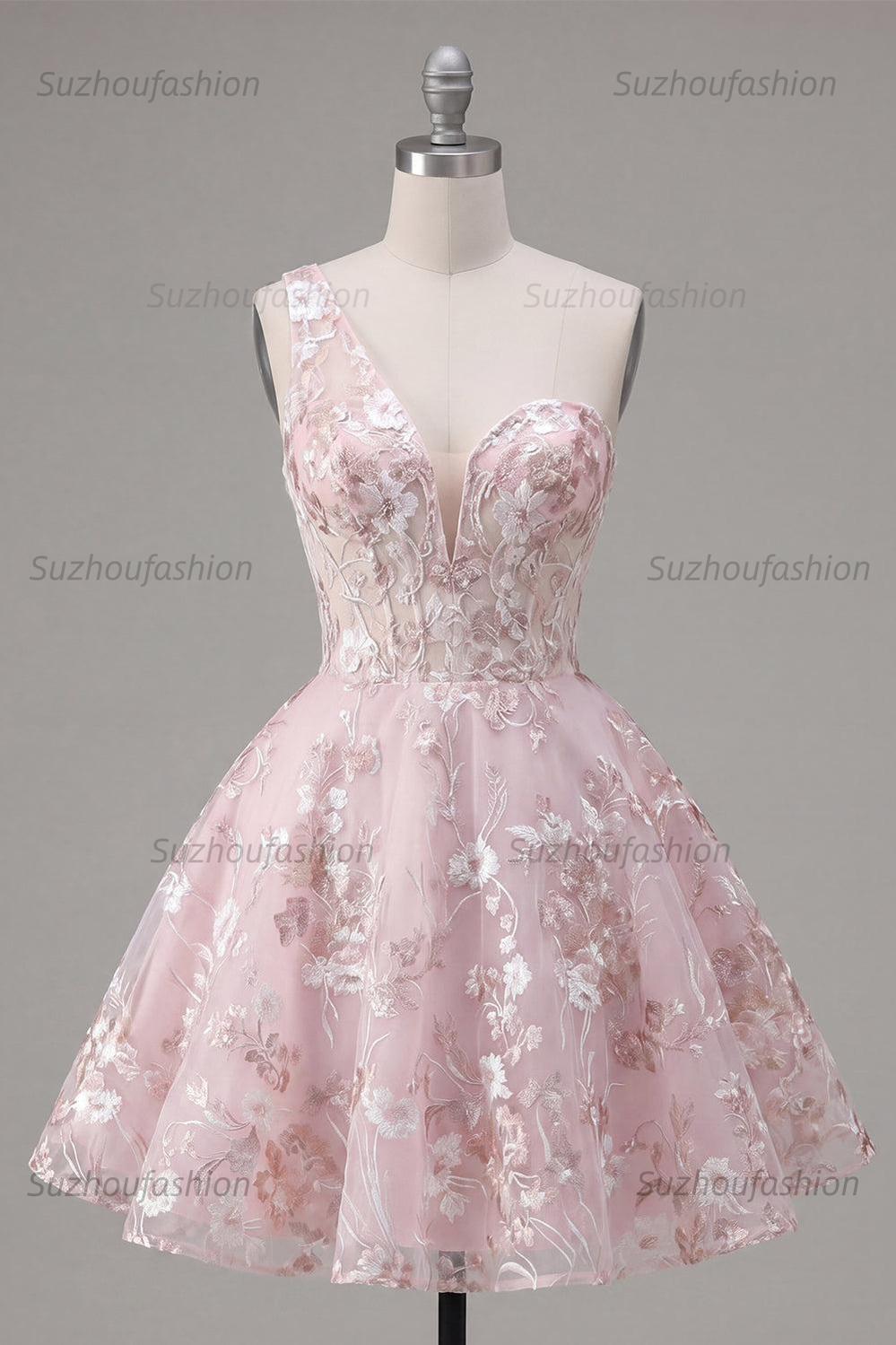 Suzhoufashion Pink Floral One-Shoulder A-Line Short Homecoming Dress