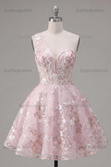 Suzhoufashion Pink Floral One-Shoulder A-Line Short Homecoming Dress