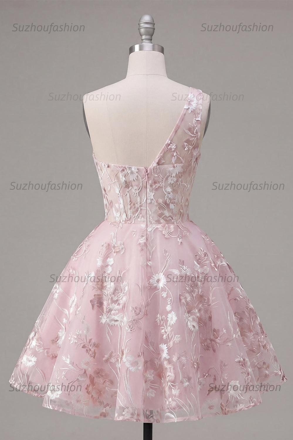 Suzhoufashion Pink Floral One-Shoulder A-Line Short Homecoming Dress