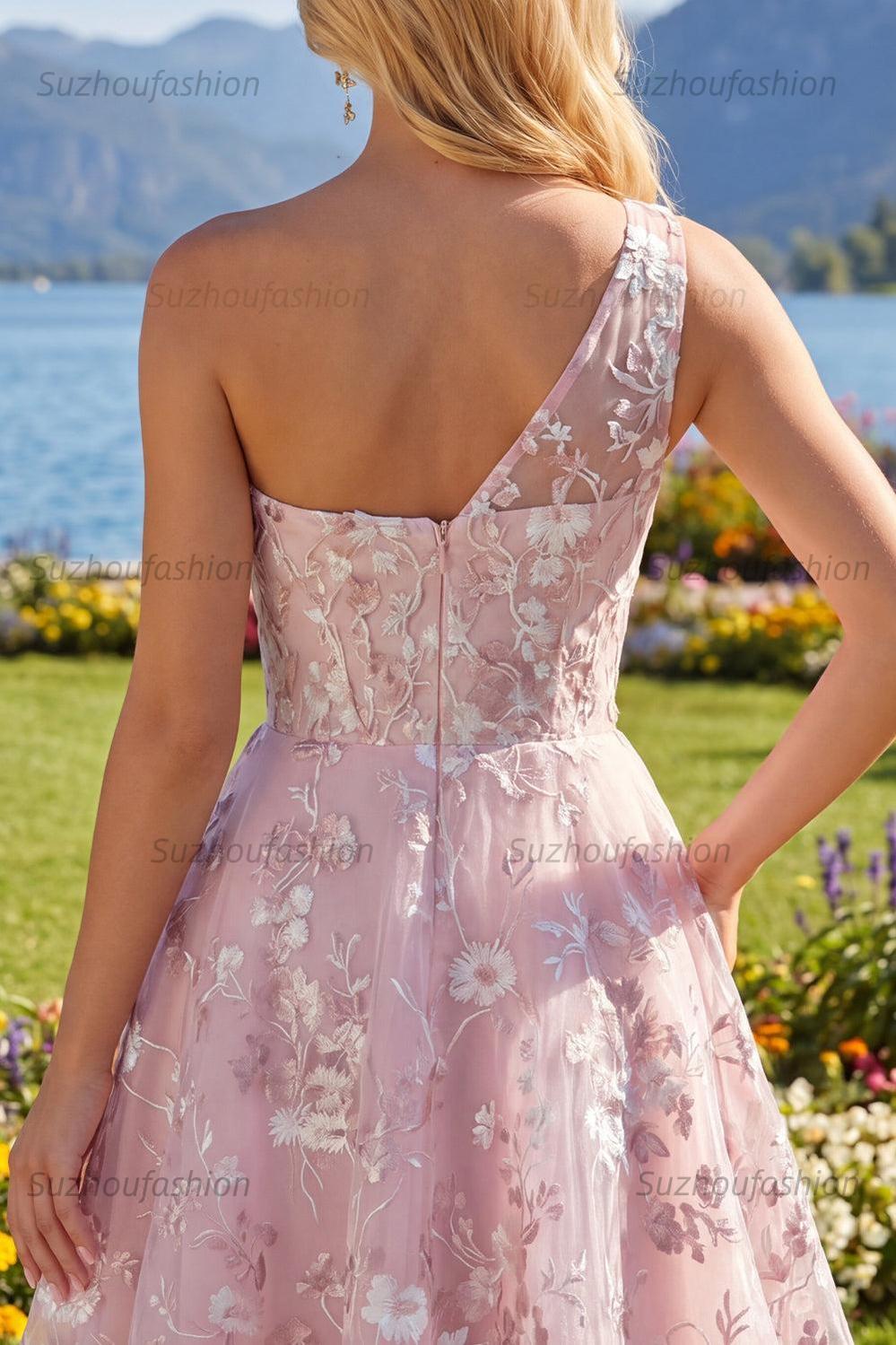Suzhoufashion Pink Floral One-Shoulder A-Line Short Homecoming Dress