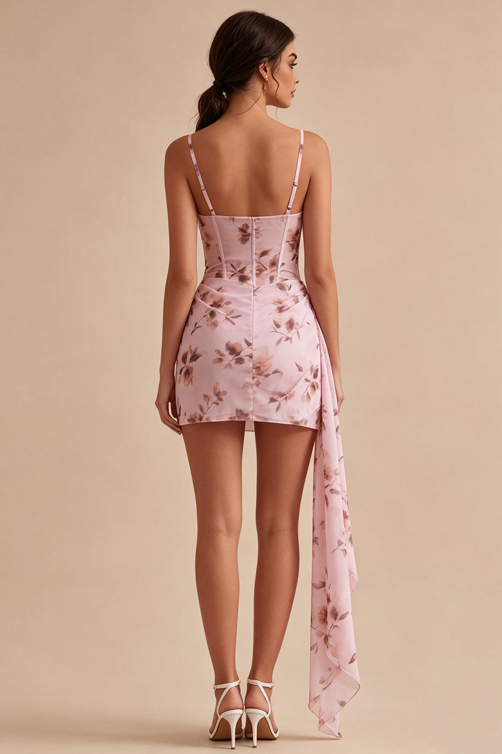 Suzhoufashion Pink Floral Ruched Corset Tight Short Homecoming Dress with Sash