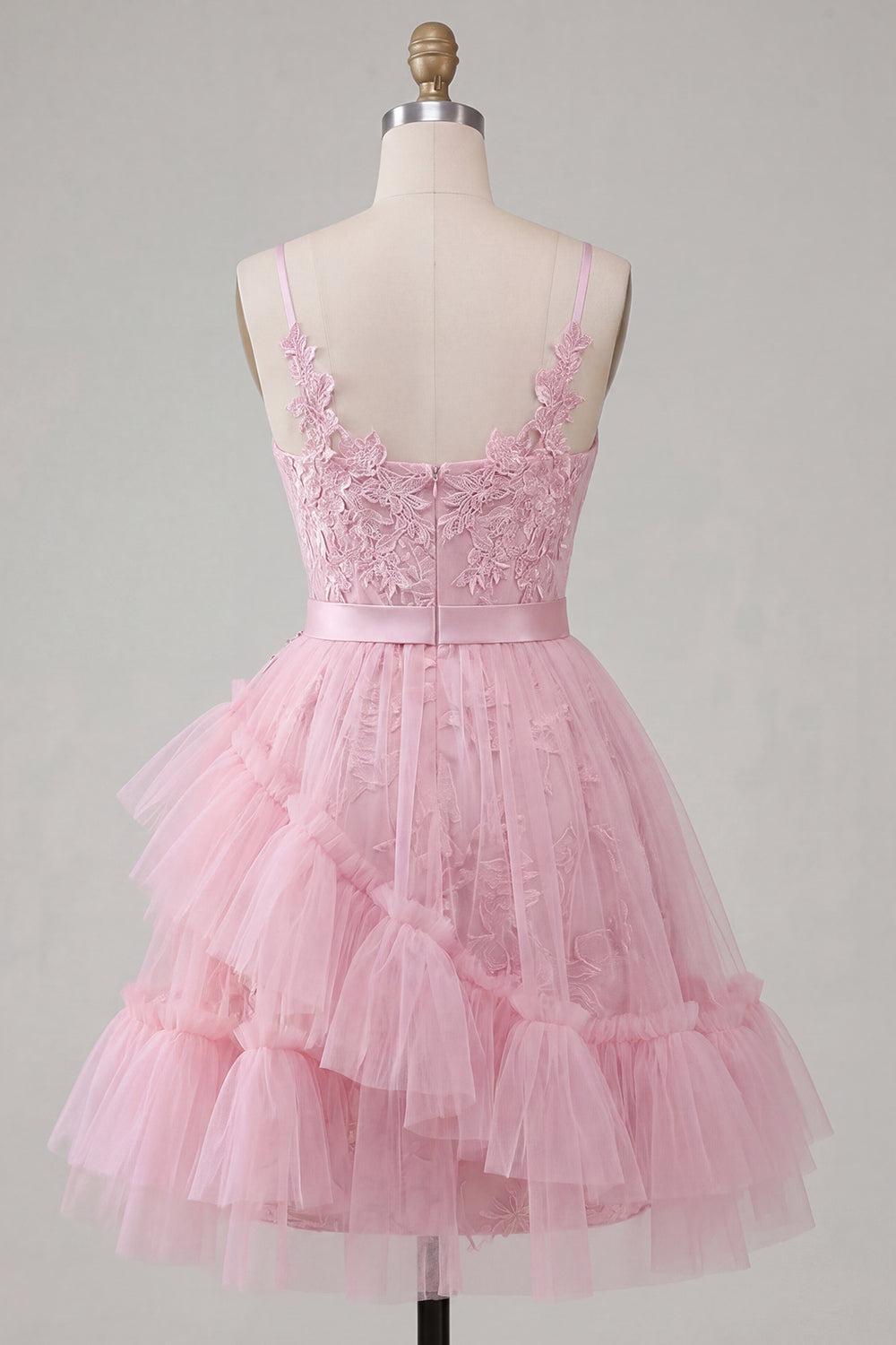 Suzhoufashion Pink Floral Spaghetti Straps Ruffled Tulle A-Line Short Homecoming Dress