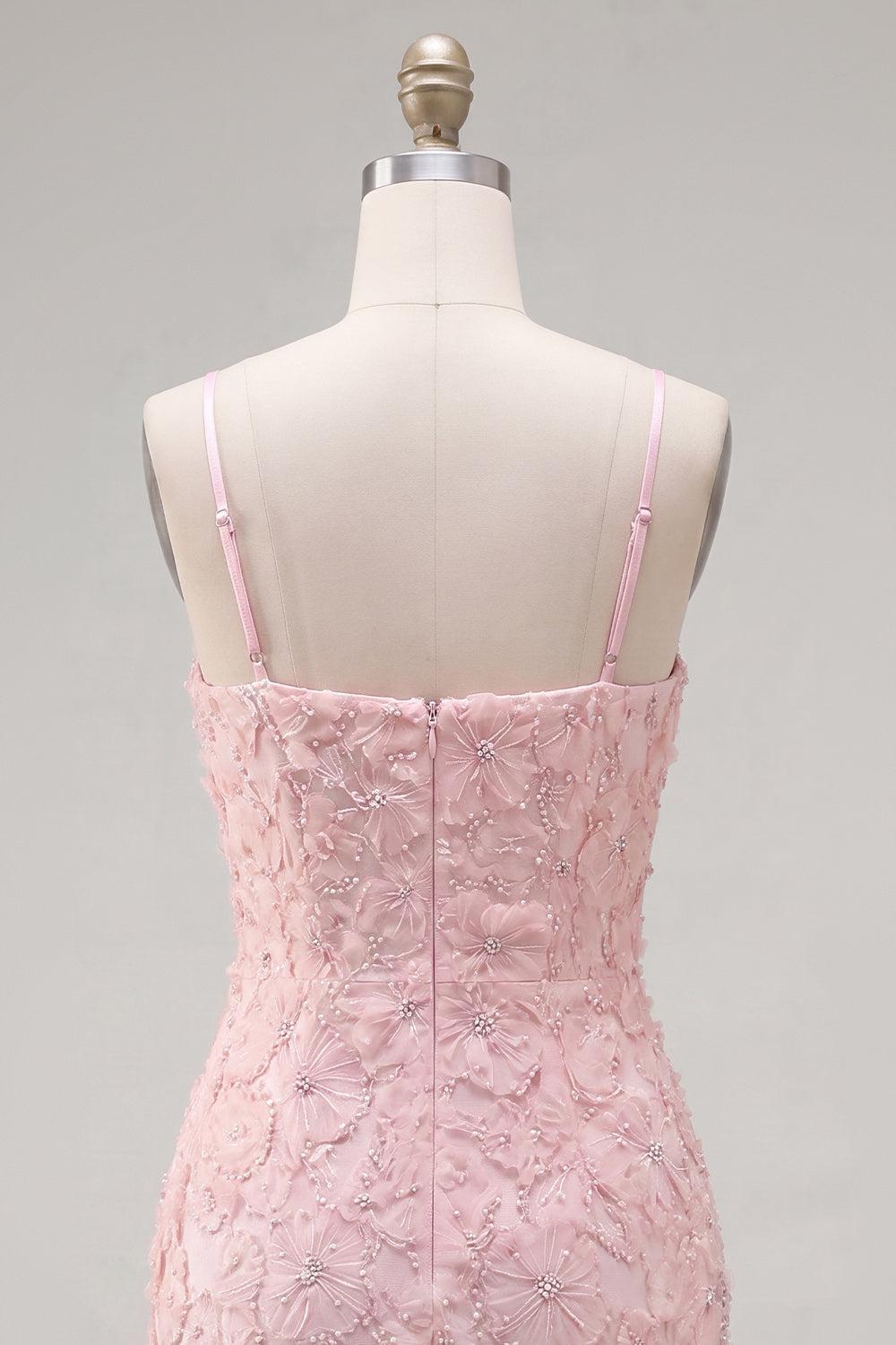 Suzhoufashion Pink Floral Spaghetti Straps Tight Short Homecoming Dress with Pearl Details