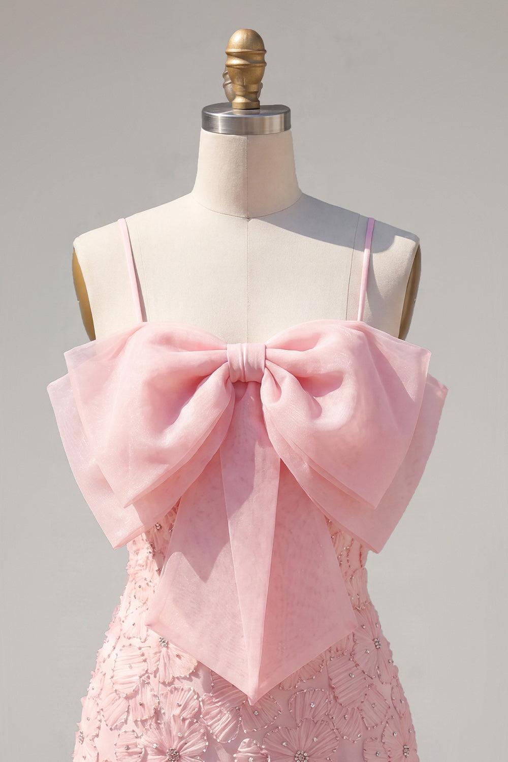 Suzhoufashion Pink Floral Spaghetti Straps Tight Short Homecoming Dress with Pearl Details