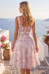 Suzhoufashion Pink Floral Square Neck A-Line Corset Short Homecoming Dress