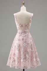 Suzhoufashion Pink Floral Square Neck A-Line Corset Short Homecoming Dress