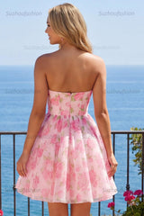 Suzhoufashion Pink Floral Strapless Corset A-Line Short Homecoming Dress